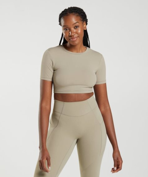 Women's Gymshark Whitney Short Sleeve Cropped Tops Khaki | CA 6D8A57